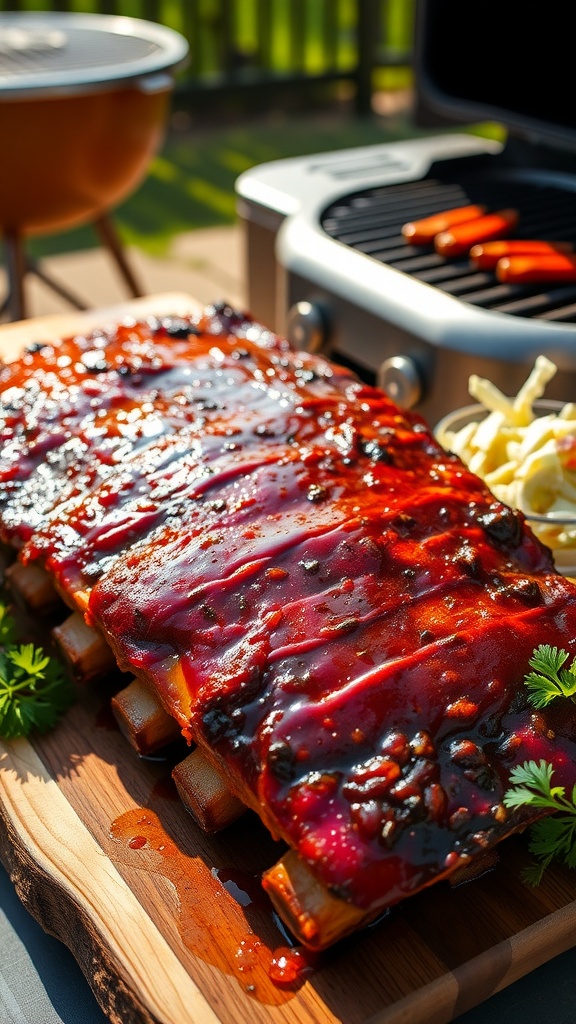 Delicious barbecue ribs on a wooden platter with coleslaw, set in an outdoor grill setting.